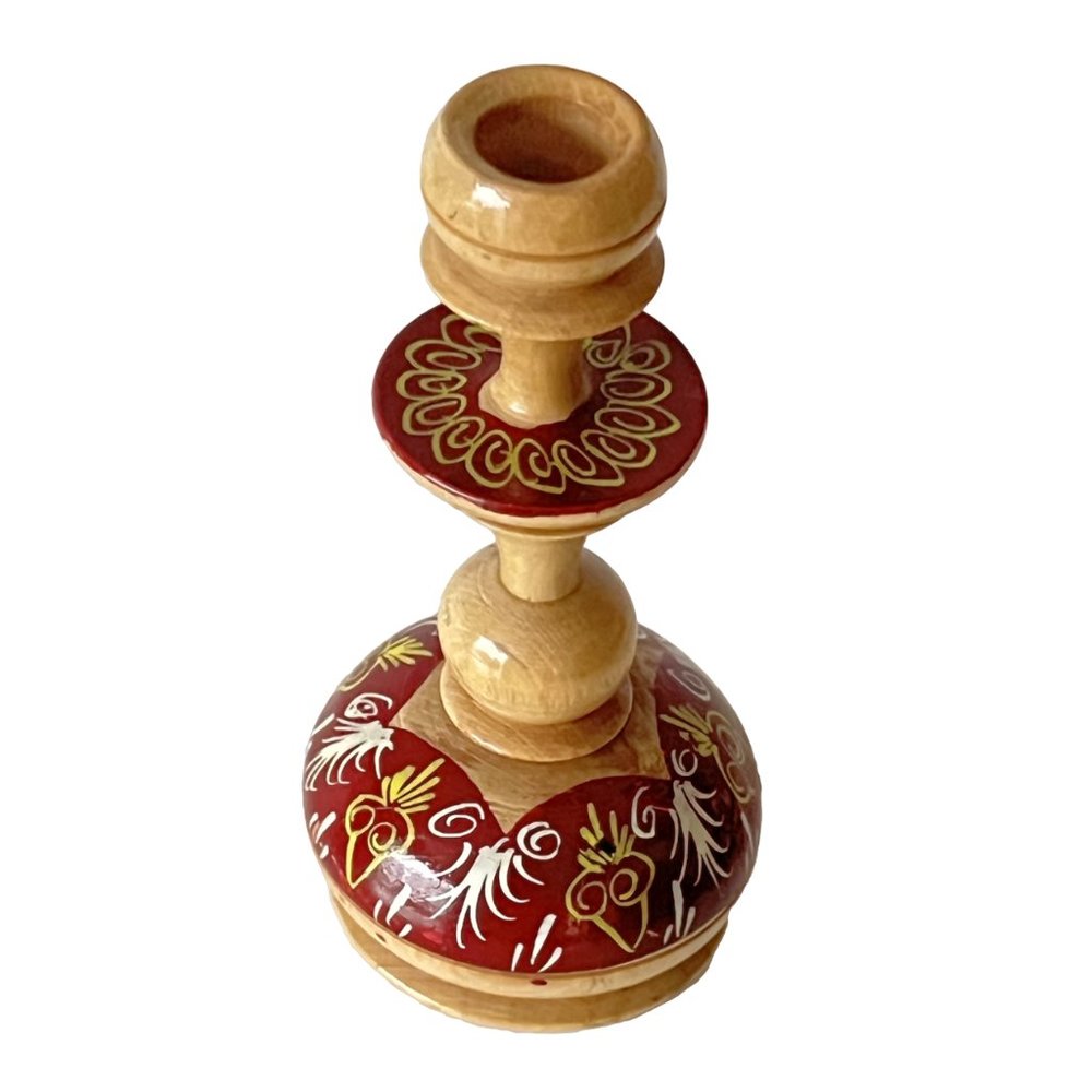 Vintage Wooden Hand Painted Wooden Candlestick Holder